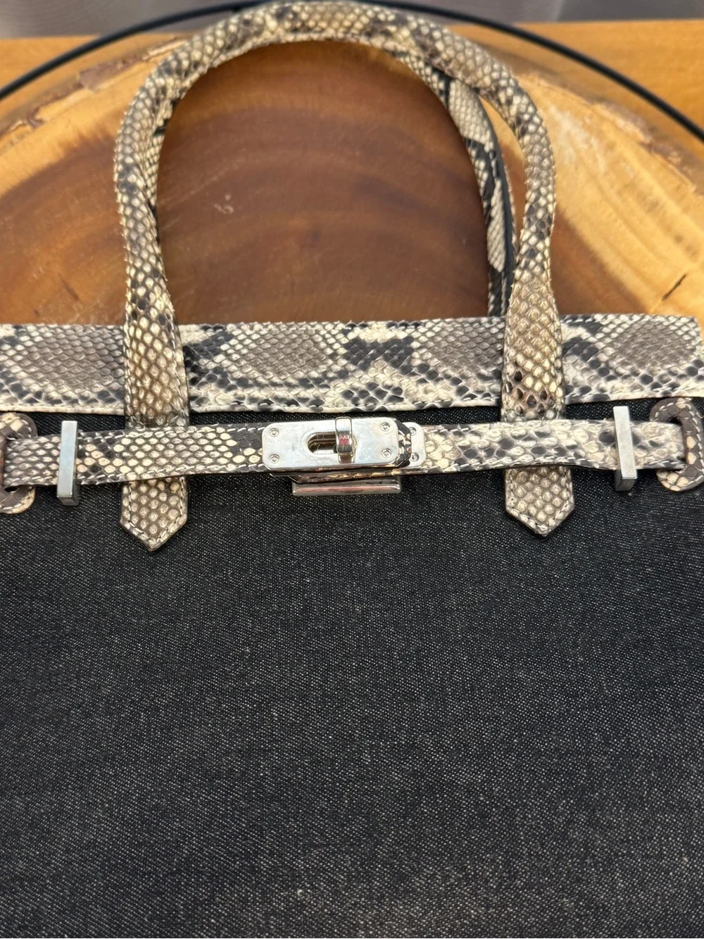 Castellari Milano Italian Leather & Denim Canvas Satchel-Snakeskin Leather Trim